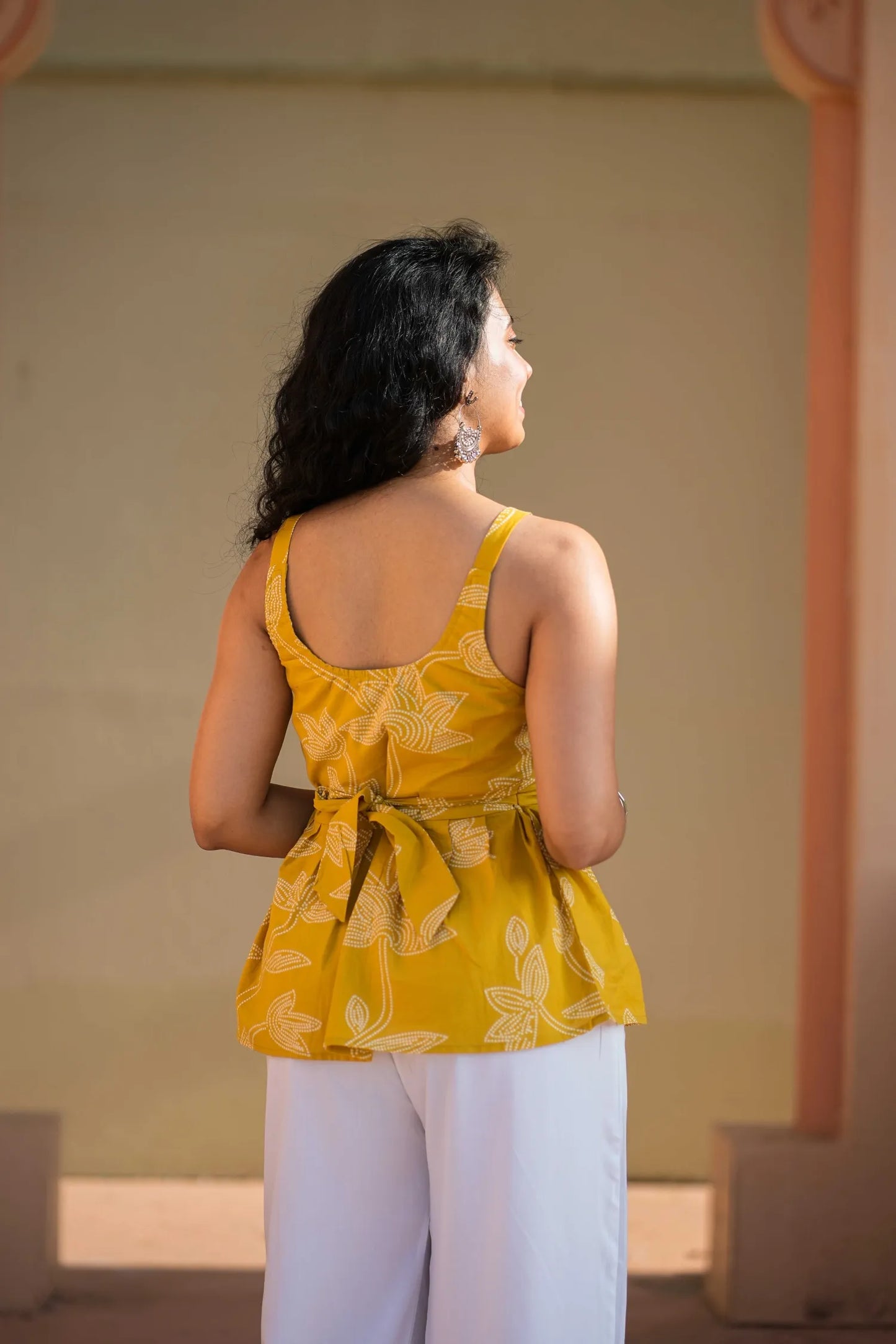 Yellow Floral Peplum Cotton Top for Women