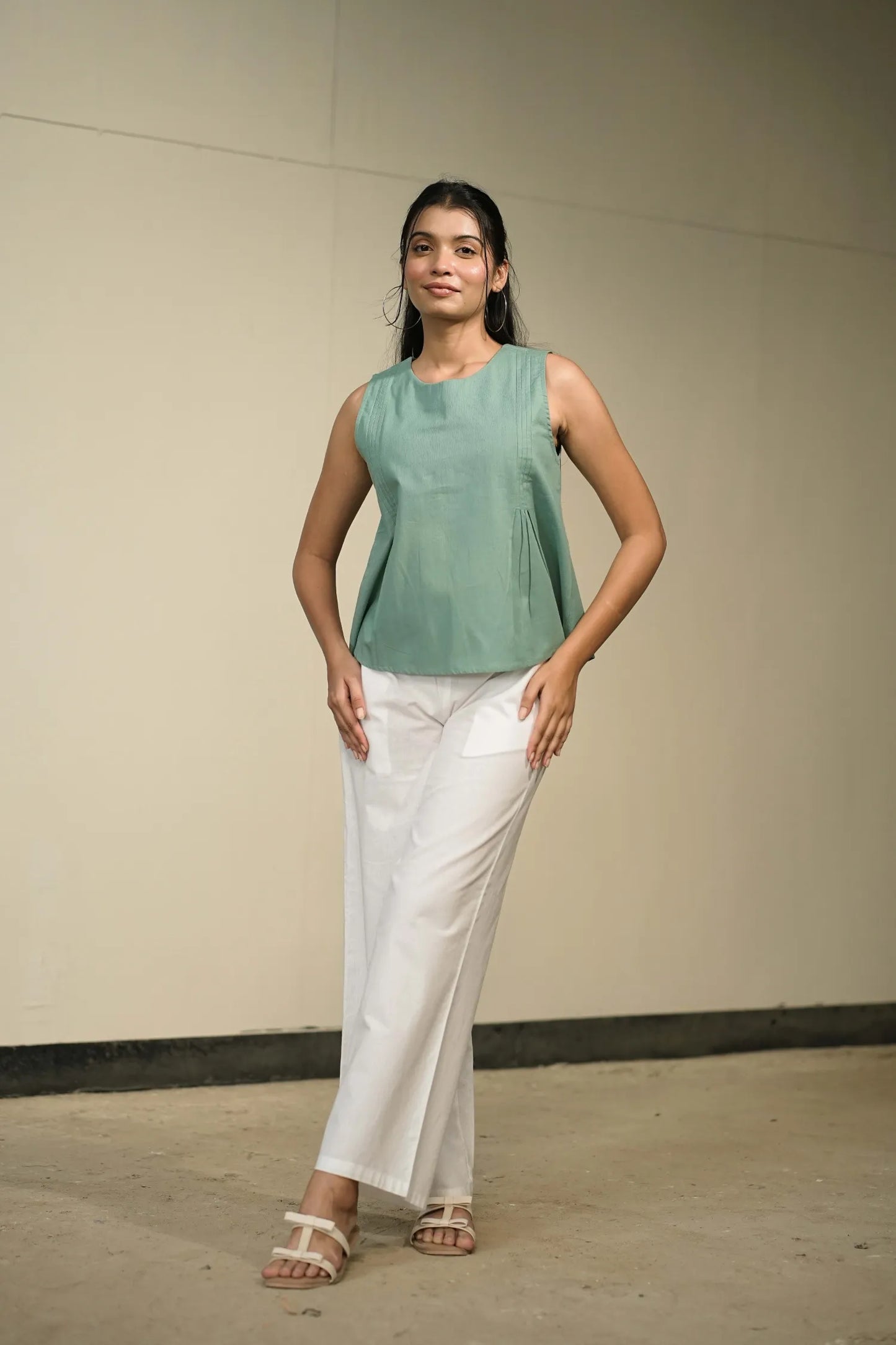 Green Handloom Cotton Sleeveless Top
