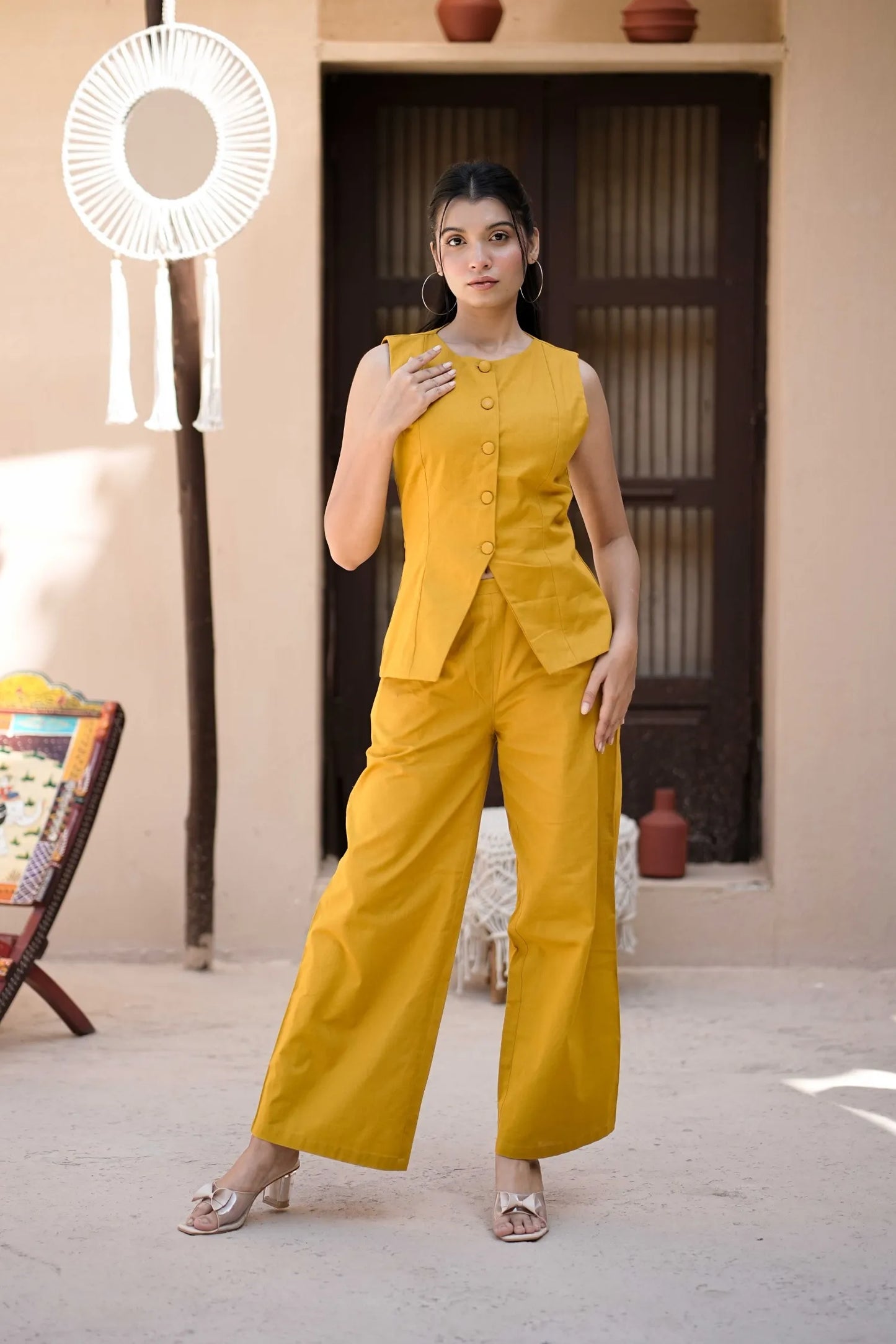 Women’s Yellow Handloom Cotton Waistcoat Co-ord Set