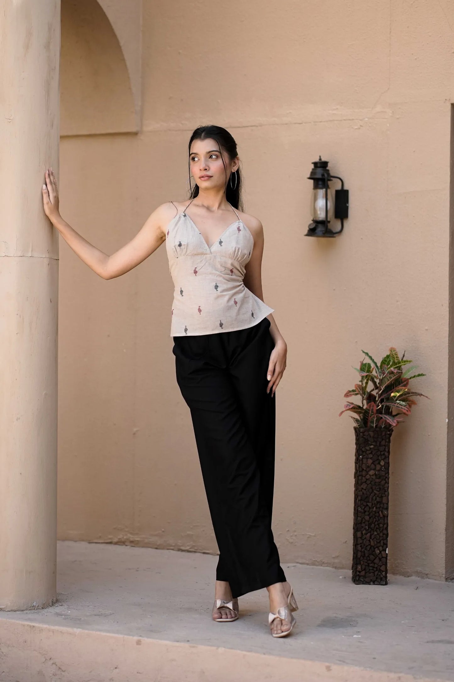 Beige Woven Print Halter Tie Back Top