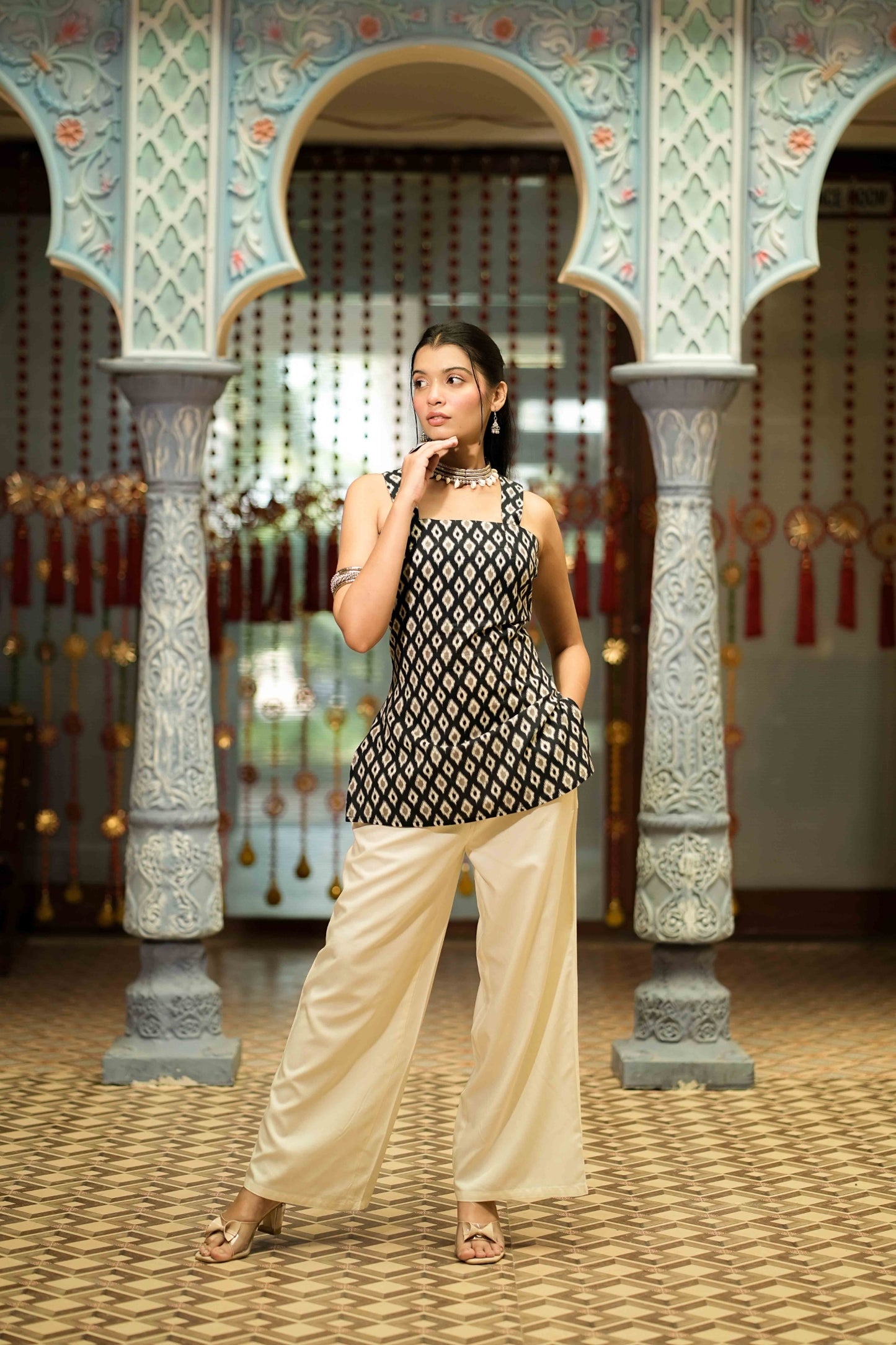 Black Ikat Sleeveless Corset Kurti Kaira