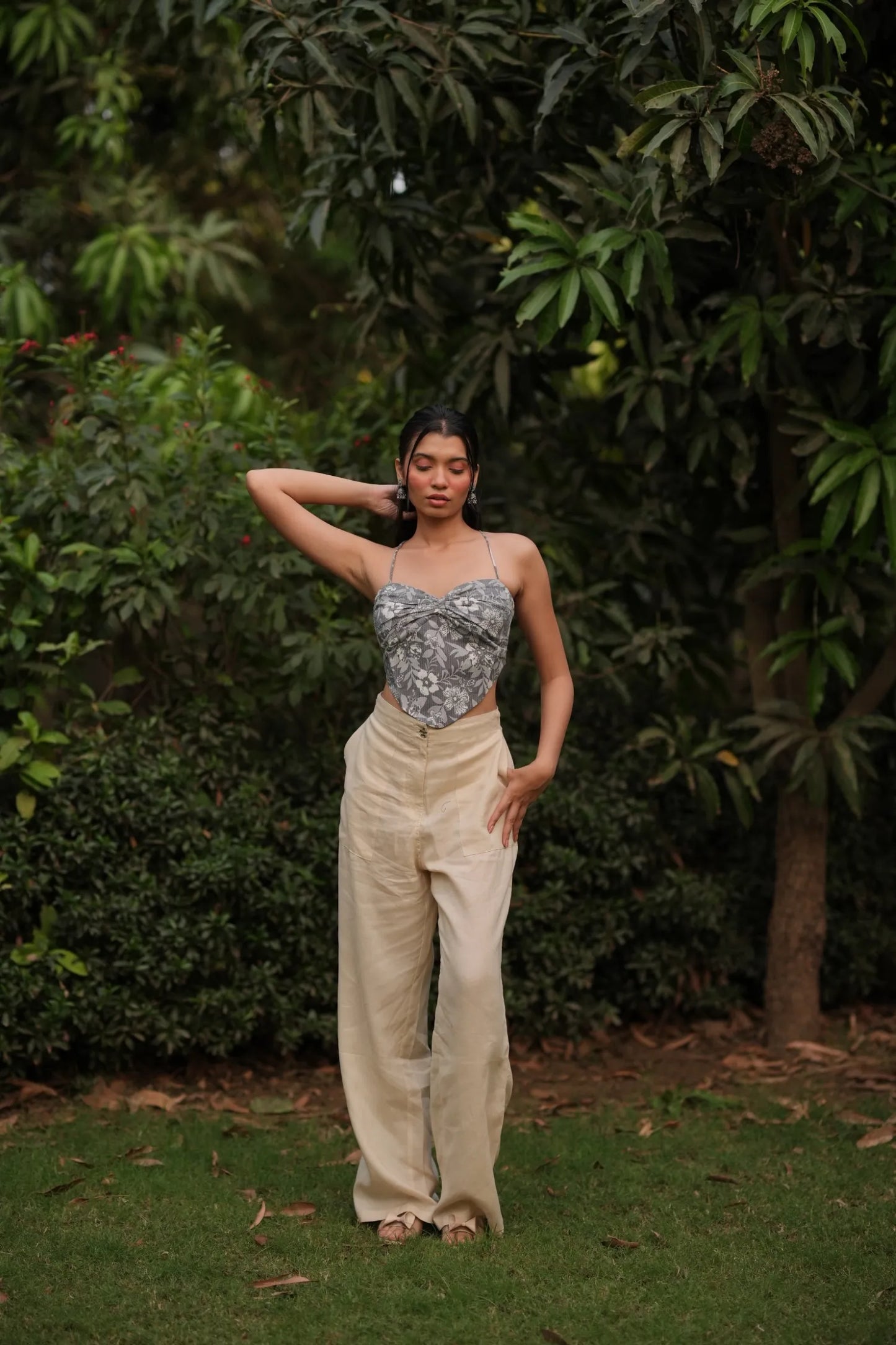 Grey Floral Sweetheart Handkerchief Corset Top