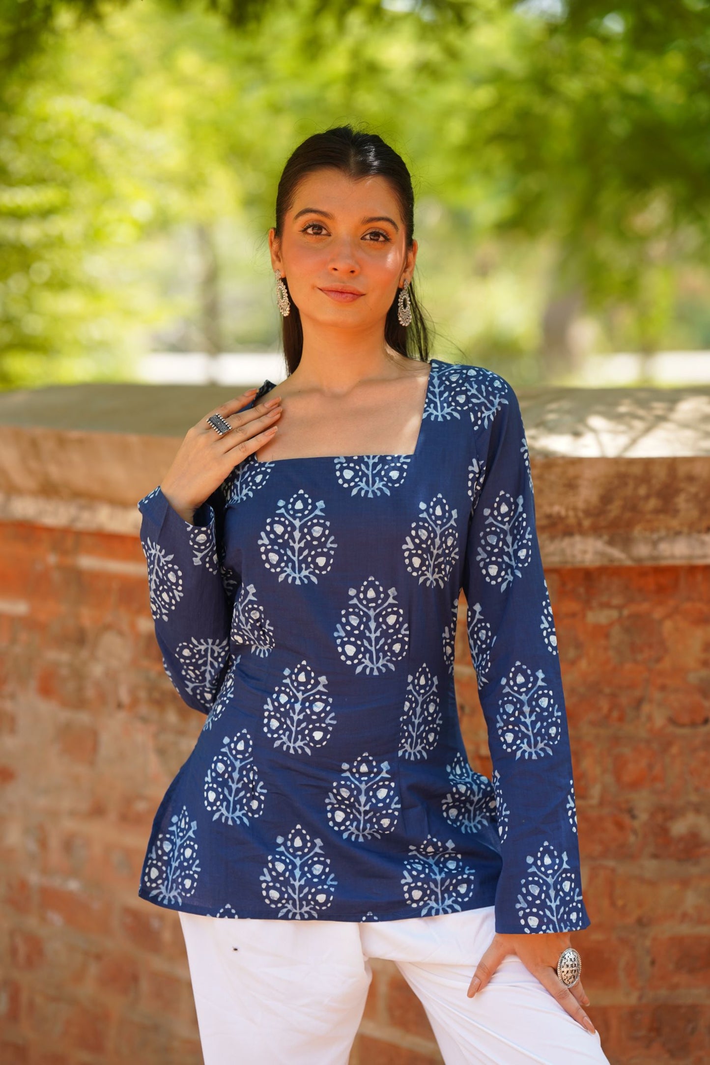Navy Blue Buta Print Bell Sleeve Kurti