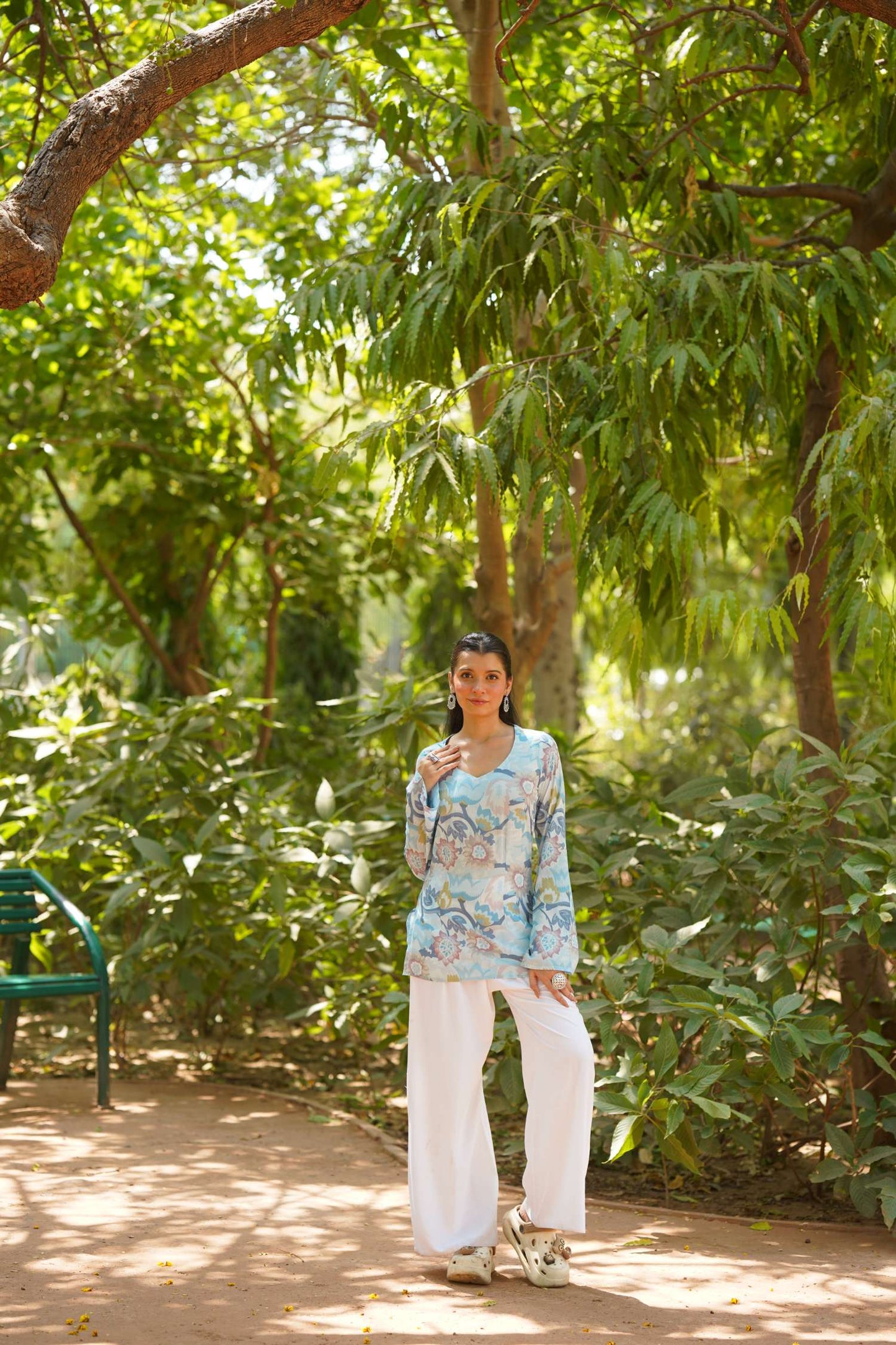 Sky Blue Floral Print Bell Sleeve Kurti