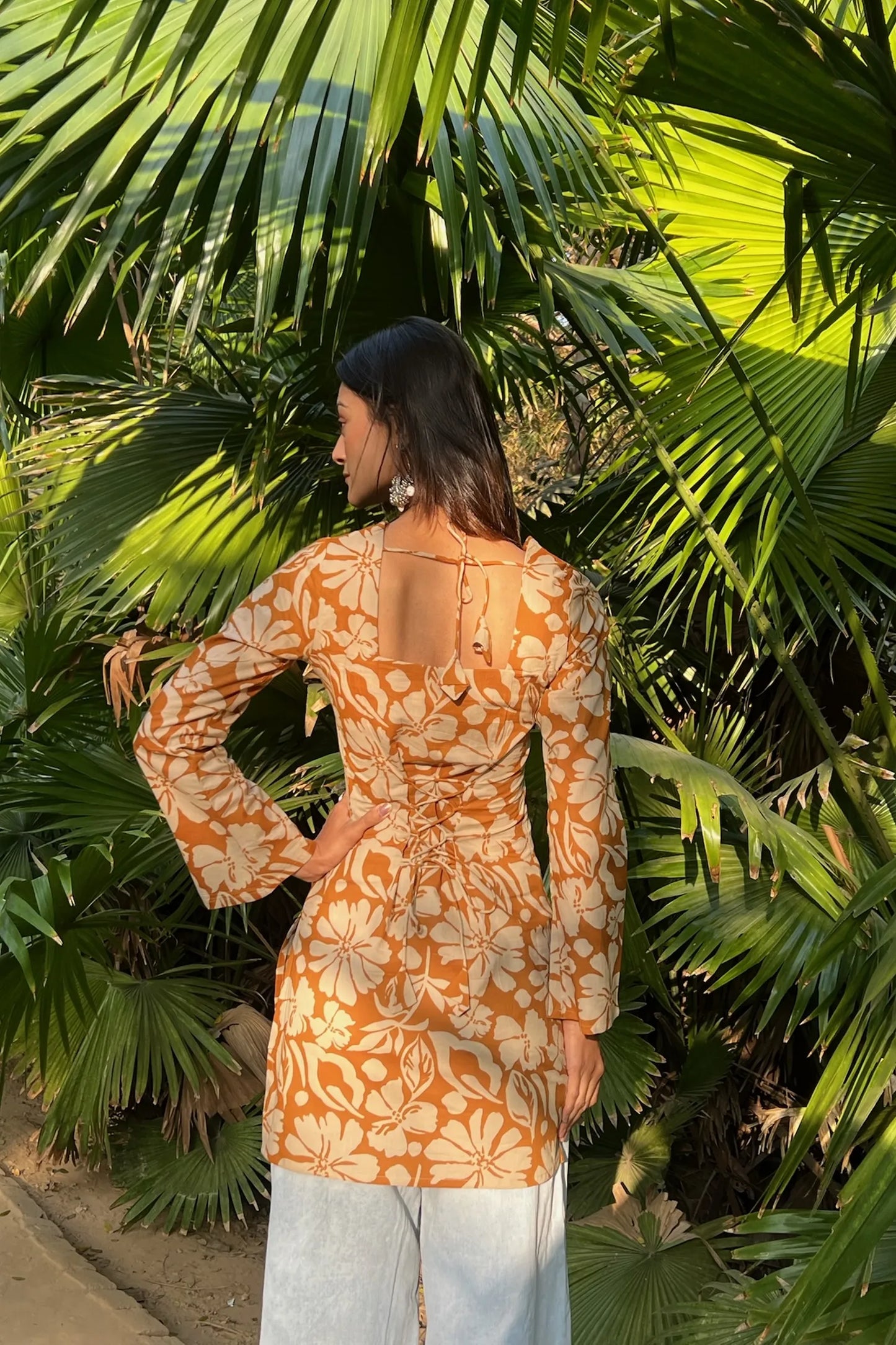 Mustard Floral Long Sleeve Corset Kurti