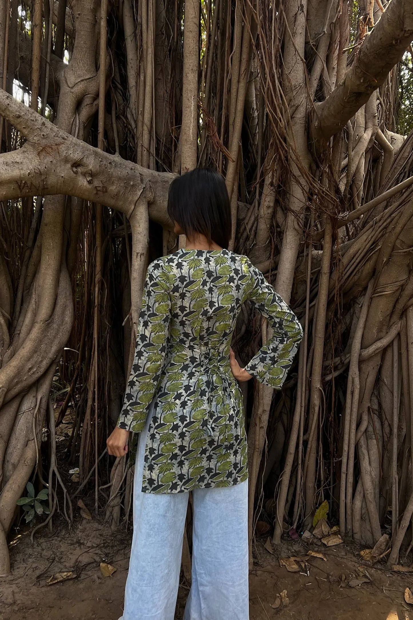 Olive Grey Leaf Long Sleeve Corset Kurti