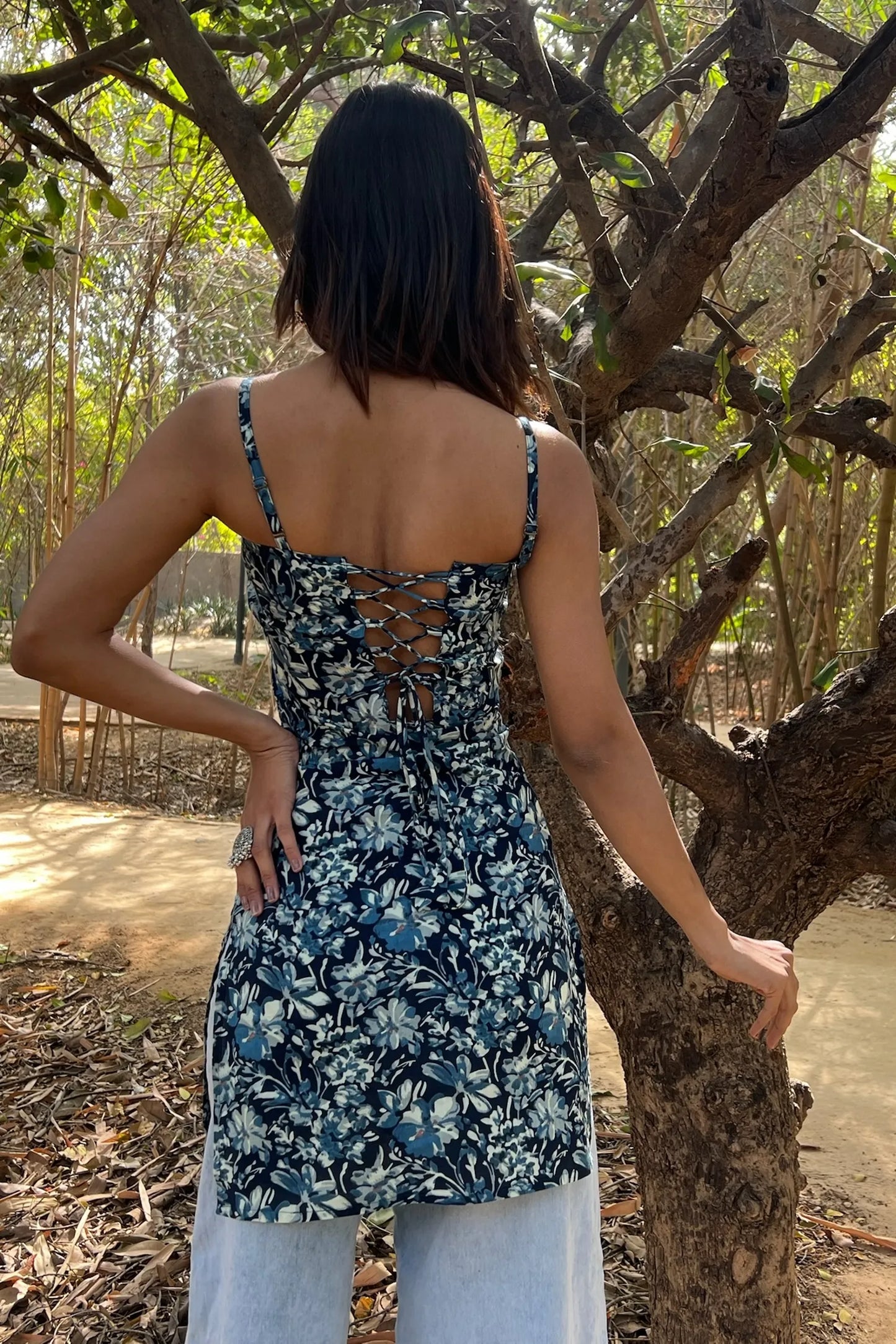 Navy Blue Floral Corset Kurti