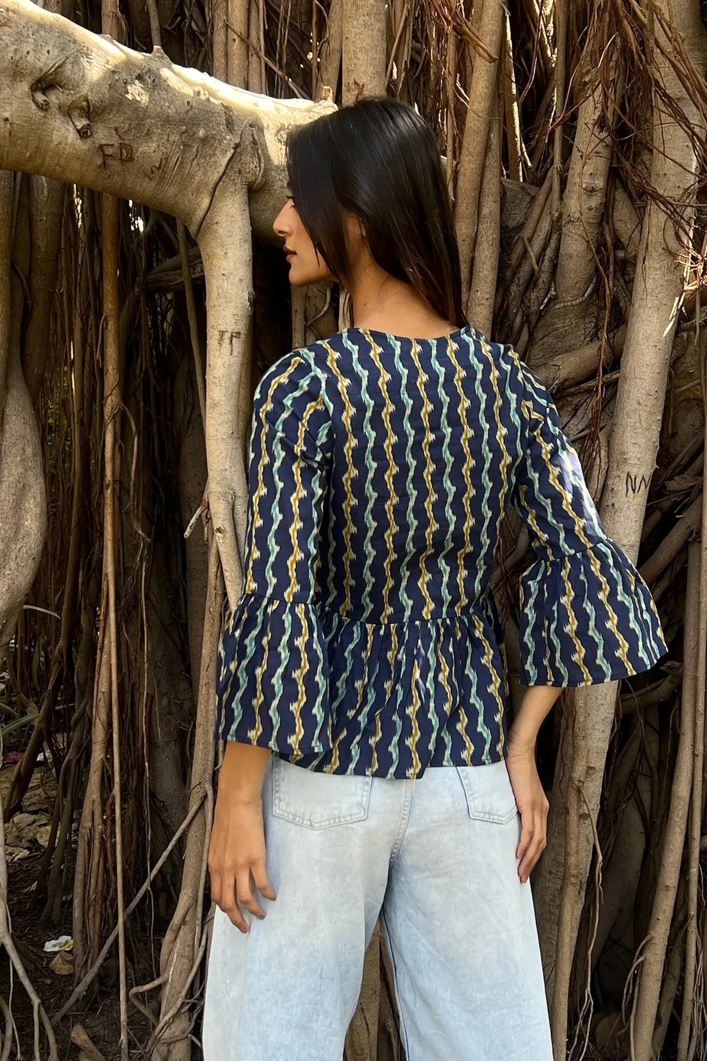 Navy Ikat Peplum Top