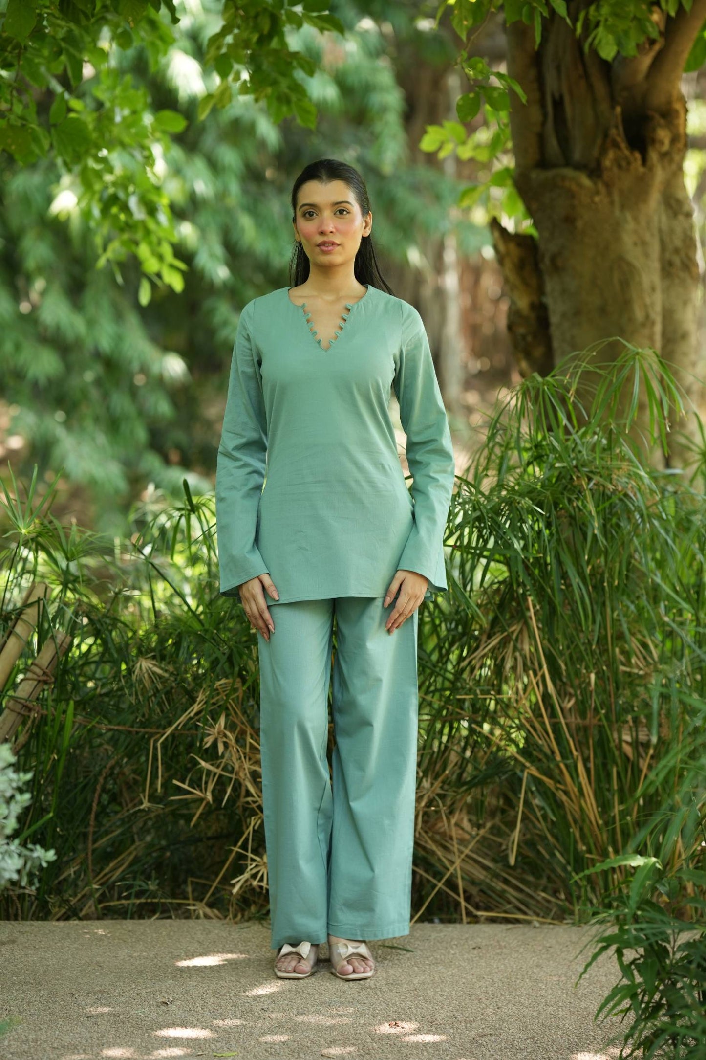 Green Solid V-Neck Kurti with Cotton Pants