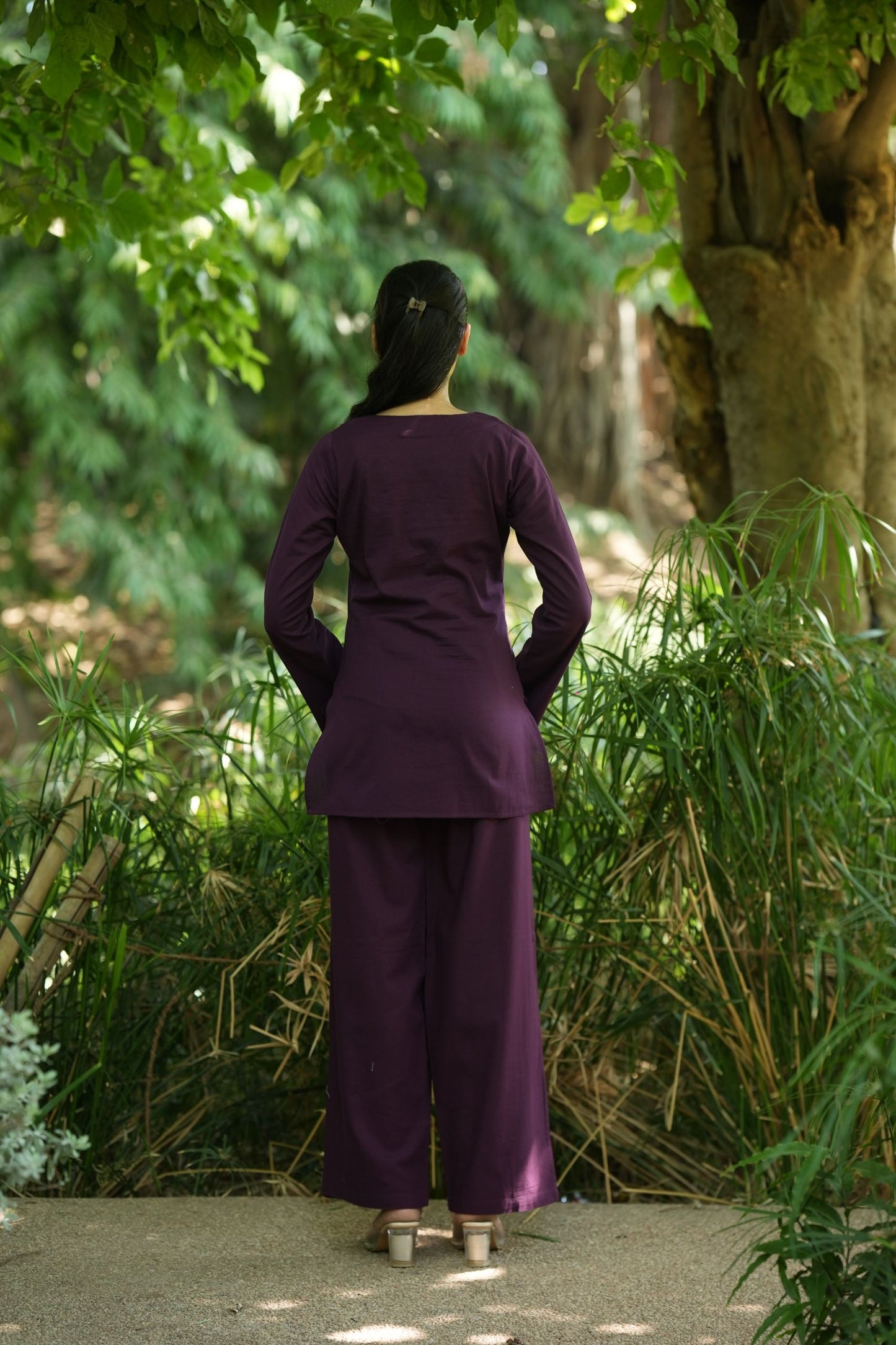 Wine Solid V-Neck Kurti with Cotton Pants