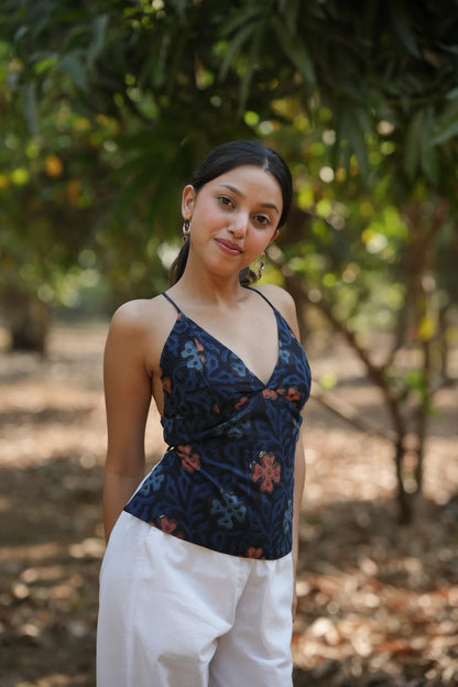 Navy Floral Tie Back Top