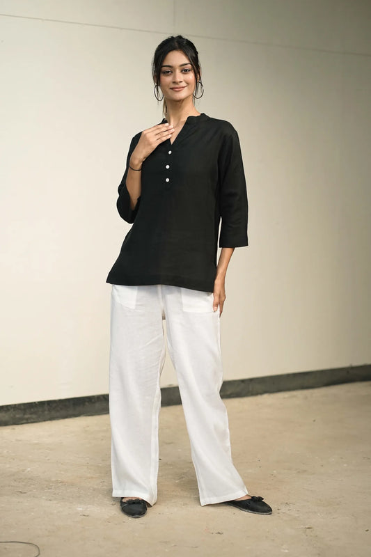 Women’s Black Cotton-Linen Short Kurta