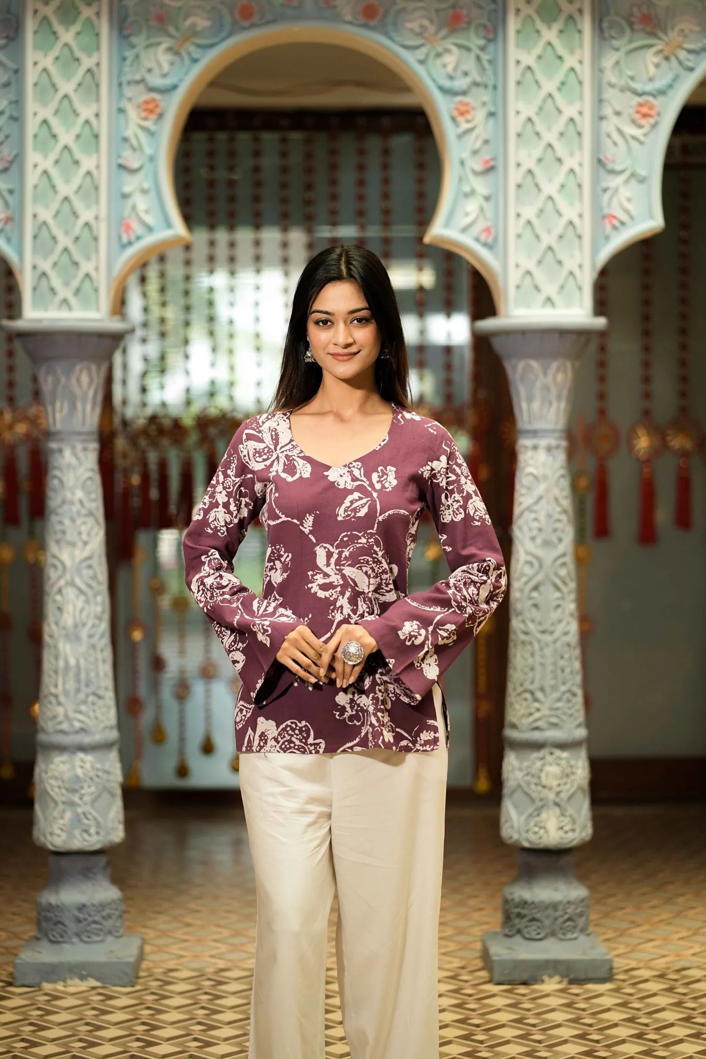 Purple Floral Printed Long Sleeve Kurti – Mira