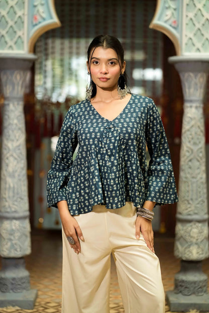 Women’s Dark Blue Buti Printed Peplum Top