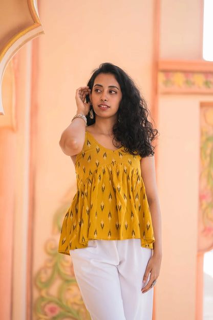 Mustard Ikat Print Peplum Sleeveless Top