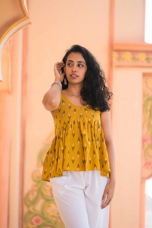 Women’s Mustard Ikat Print Peplum Sleeveless Top