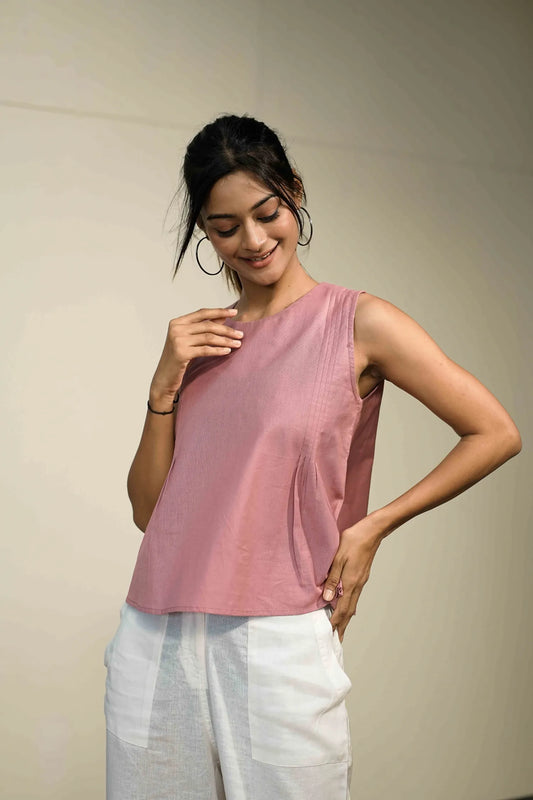 Pink Handloom Cotton Sleeveless Top