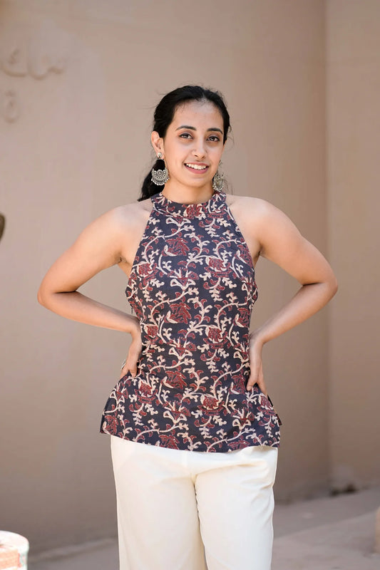 Women’s Navy Maroon Kalamkari Print Sleeveless Kurti with Keyhole Back