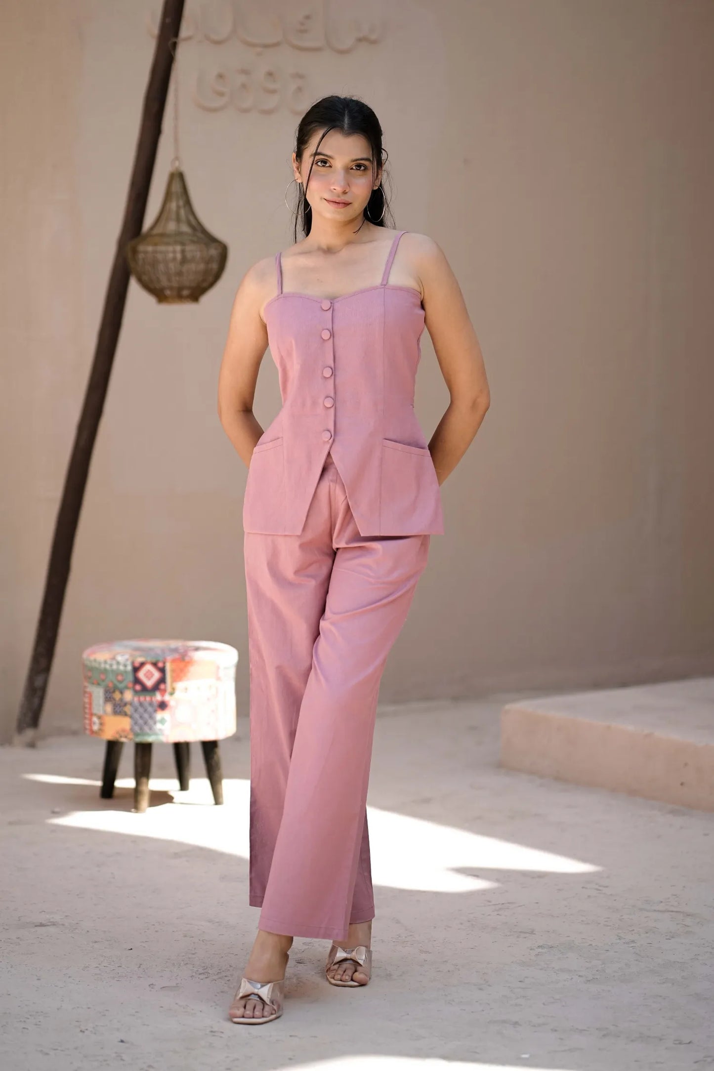 Women’s Pink Handloom Cotton Buttoned Waistcoat Top