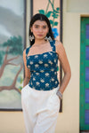 Women’s Teal Blue Printed Sleeveless Blouse with Corset Back