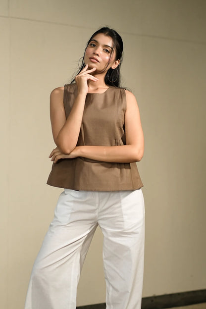 Brown Handloom Cotton Sleeveless Top