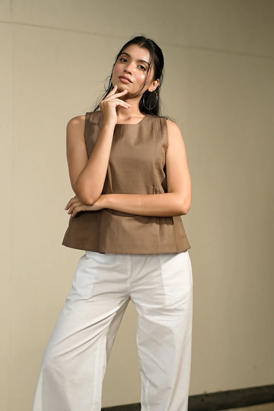 Brown Handloom Cotton Sleeveless Top