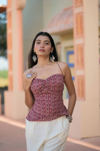 Women’s Pink Ikat Print Ruched Bustier Top with Corset Back