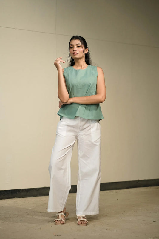 Green Handloom Cotton Sleeveless Top