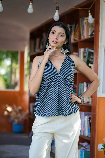 Navy Leheriya Halter Neck Top