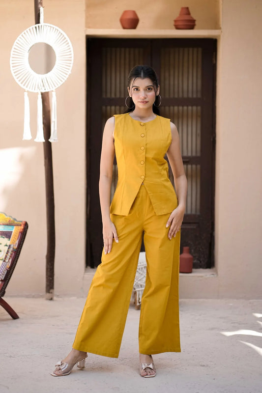Women’s Yellow Handloom Cotton Waistcoat Co-ord Set