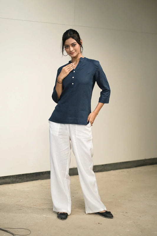Women’s Navy Cotton-Linen Short Kurta