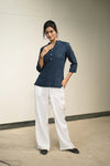 Women’s Navy Cotton-Linen Short Kurta