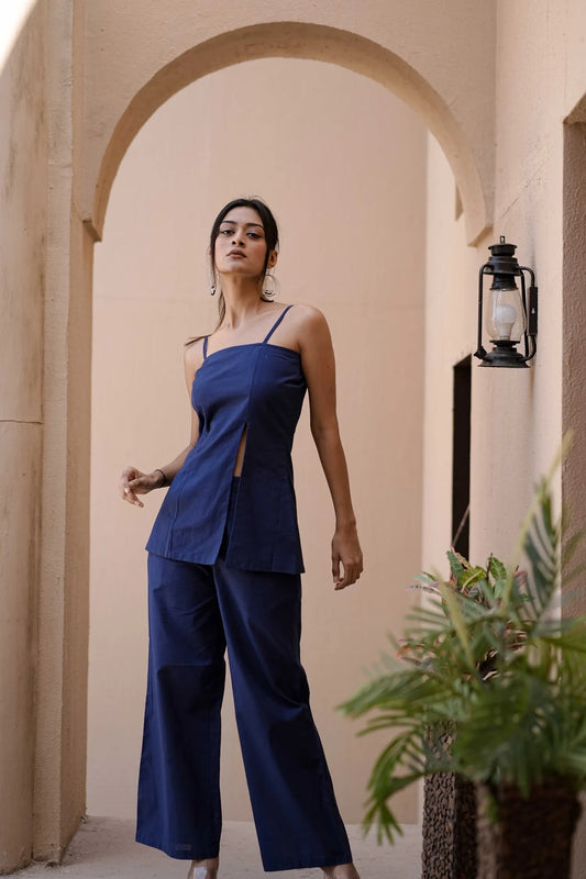 Women’s Navy Handloom Cotton Slit Top Co-ord Set