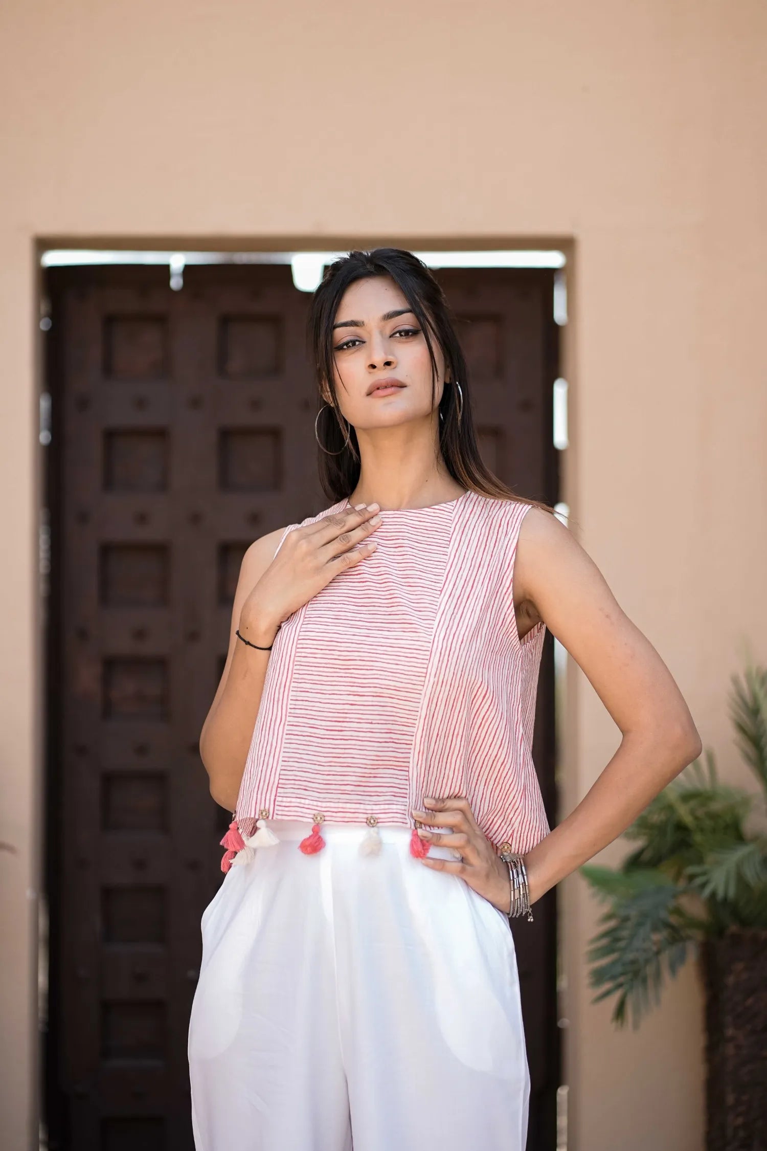 Women’s Pink Striped Sleeveless Tassel Top