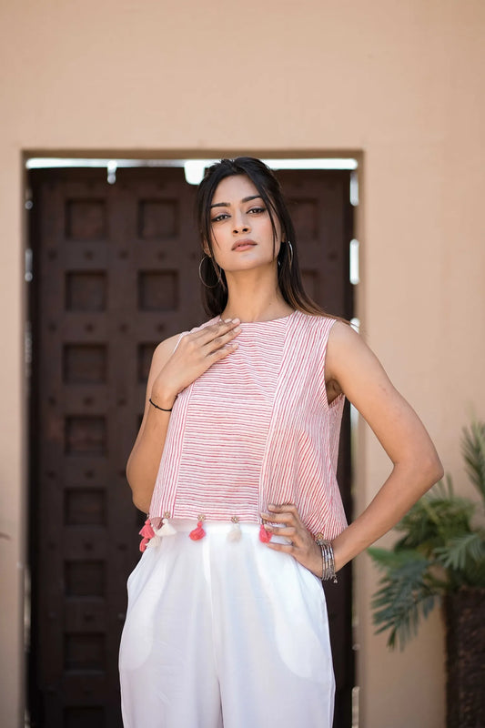 Women’s Pink Striped Sleeveless Tassel Top