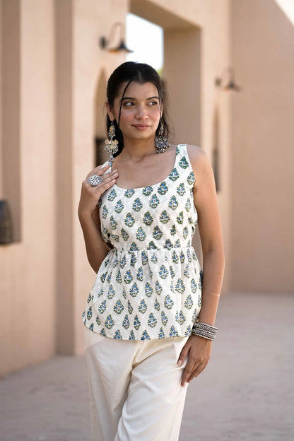 White and Blue Floral Cotton Sleeveless Peplum Kurti