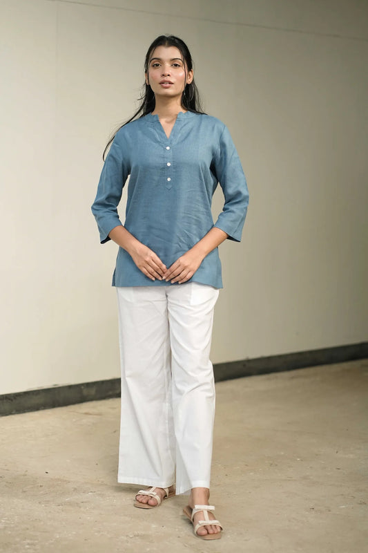 Women’s Light Blue Cotton-Linen Short Kurta