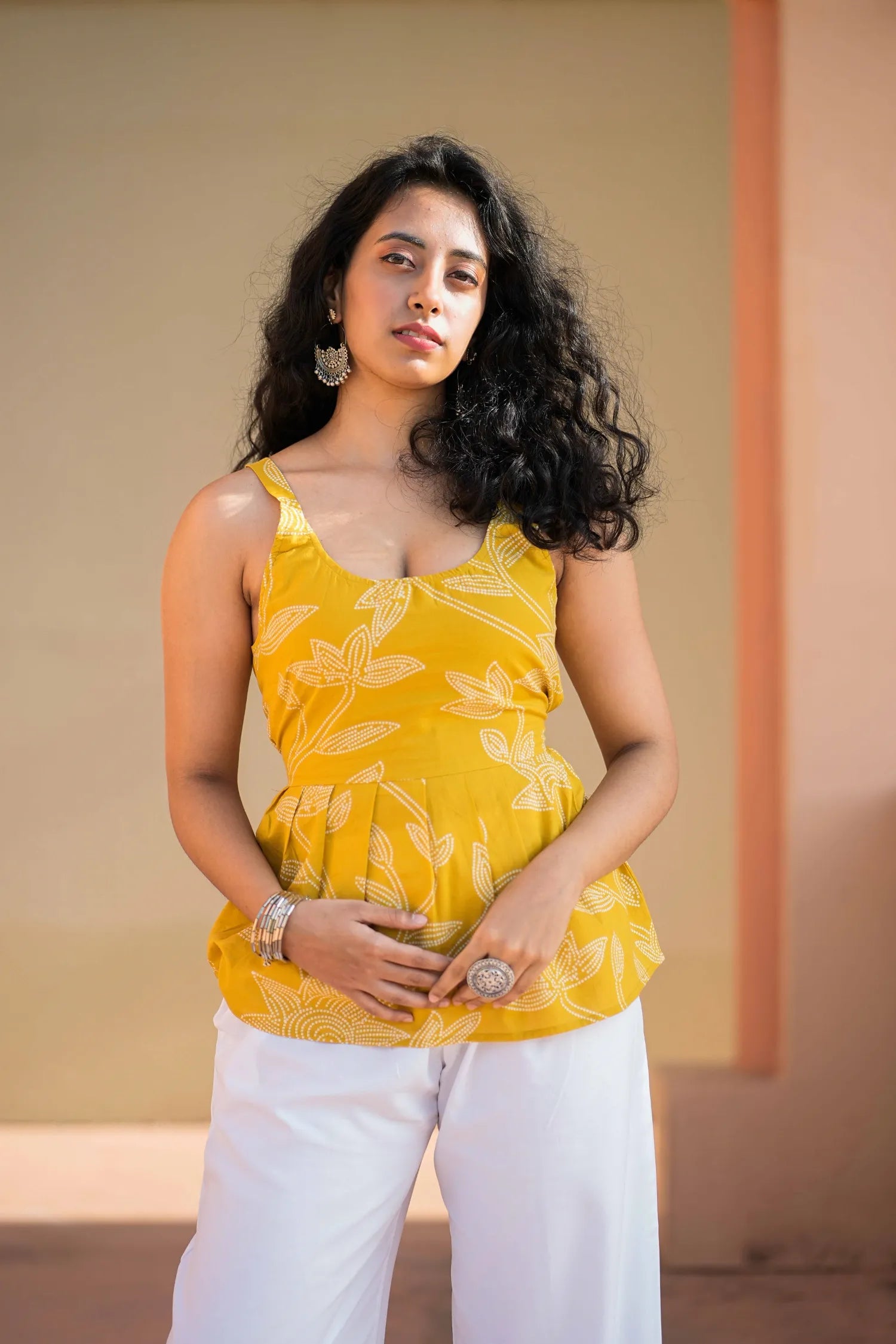 Yellow Floral Peplum Cotton Top for Women