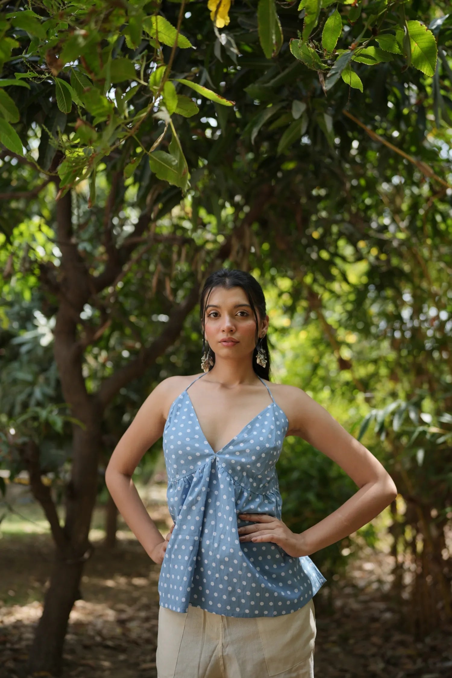 Sky Blue Polka Dot Halter Neck Top