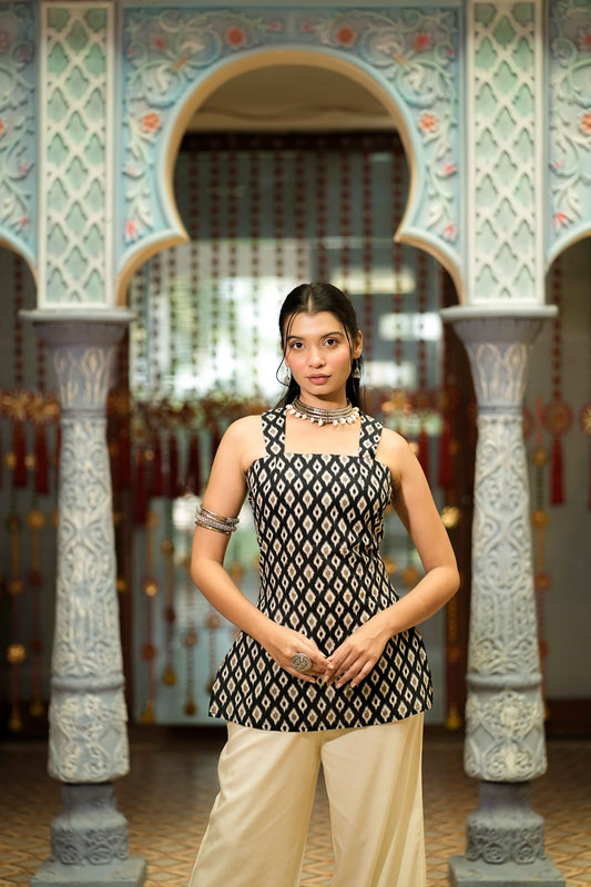 Black Ikat Sleeveless Corset Kurti Kaira