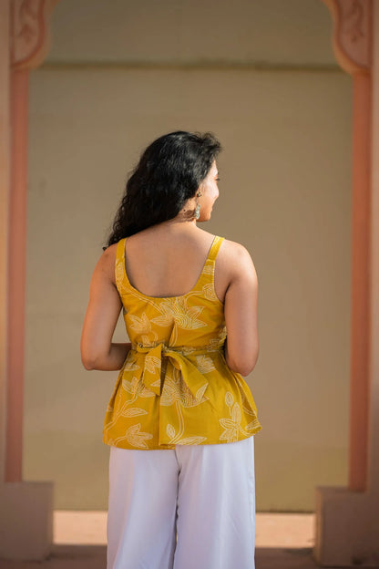Yellow Floral Peplum Cotton Top for Women