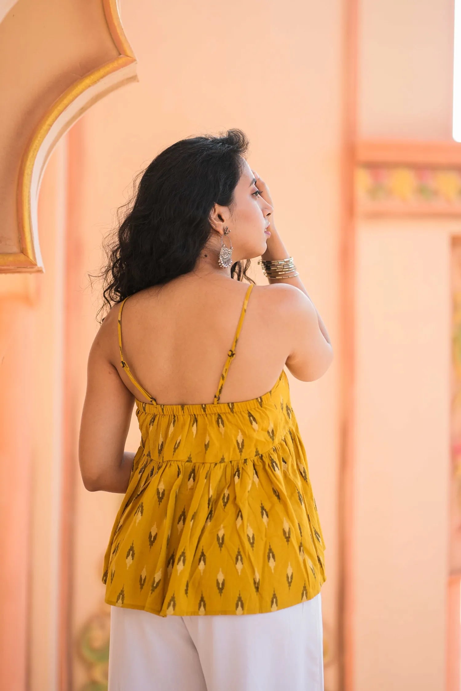Mustard Ikat Print Peplum Sleeveless Top