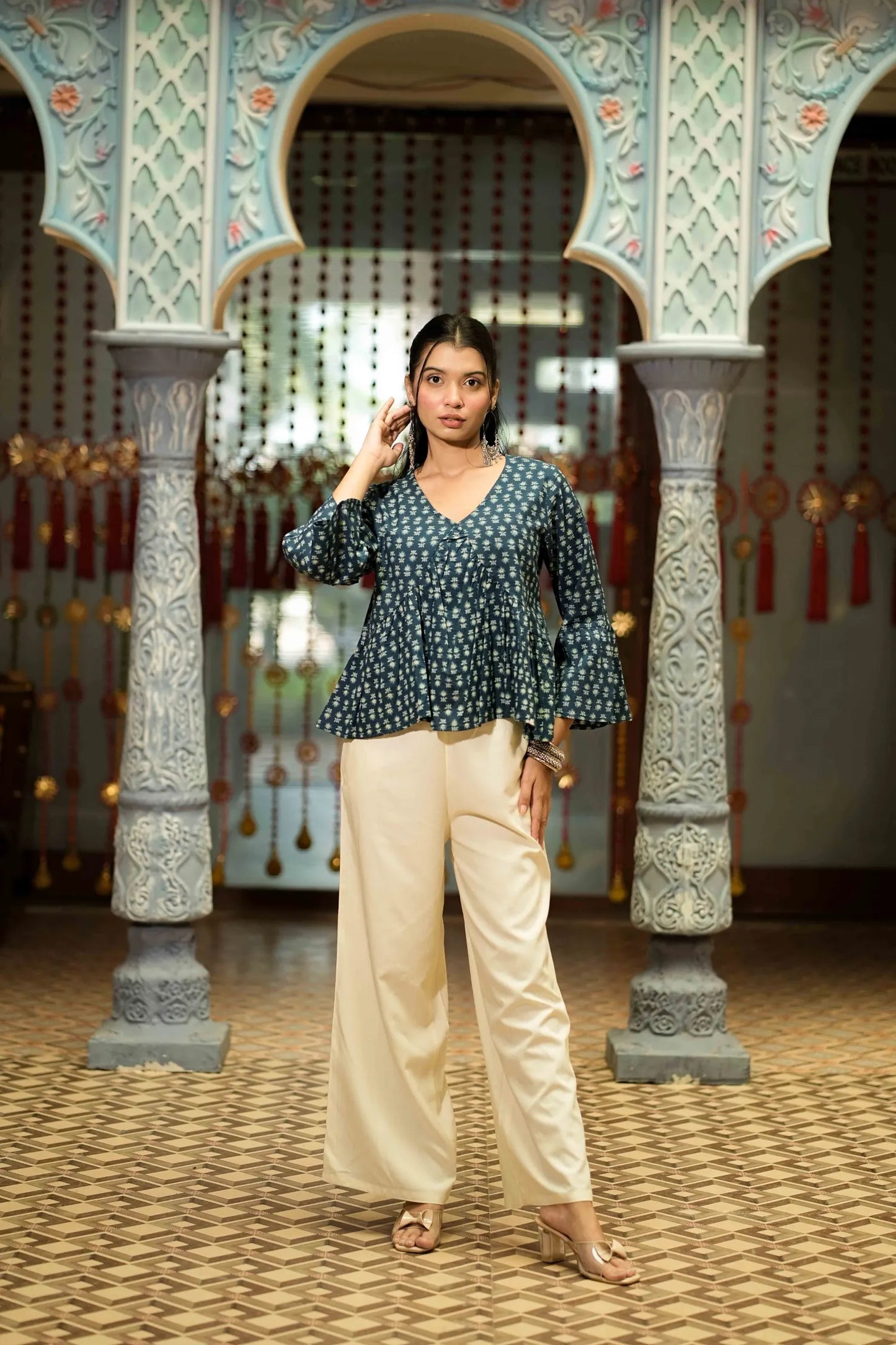 Women’s Dark Blue Buti Printed Peplum Top