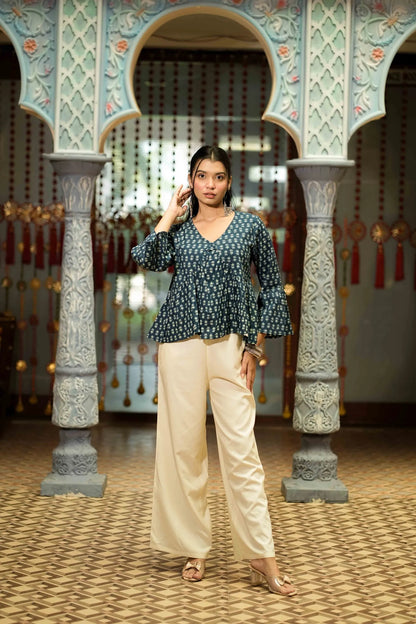 Women’s Dark Blue Buti Printed Peplum Top