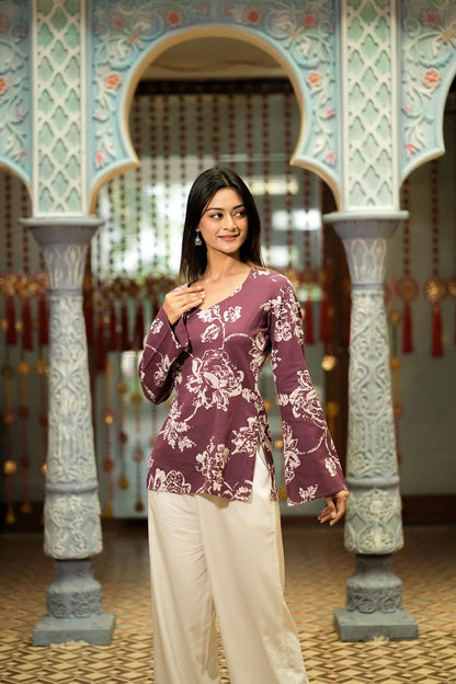 Purple Floral Printed Long Sleeve Kurti – Mira
