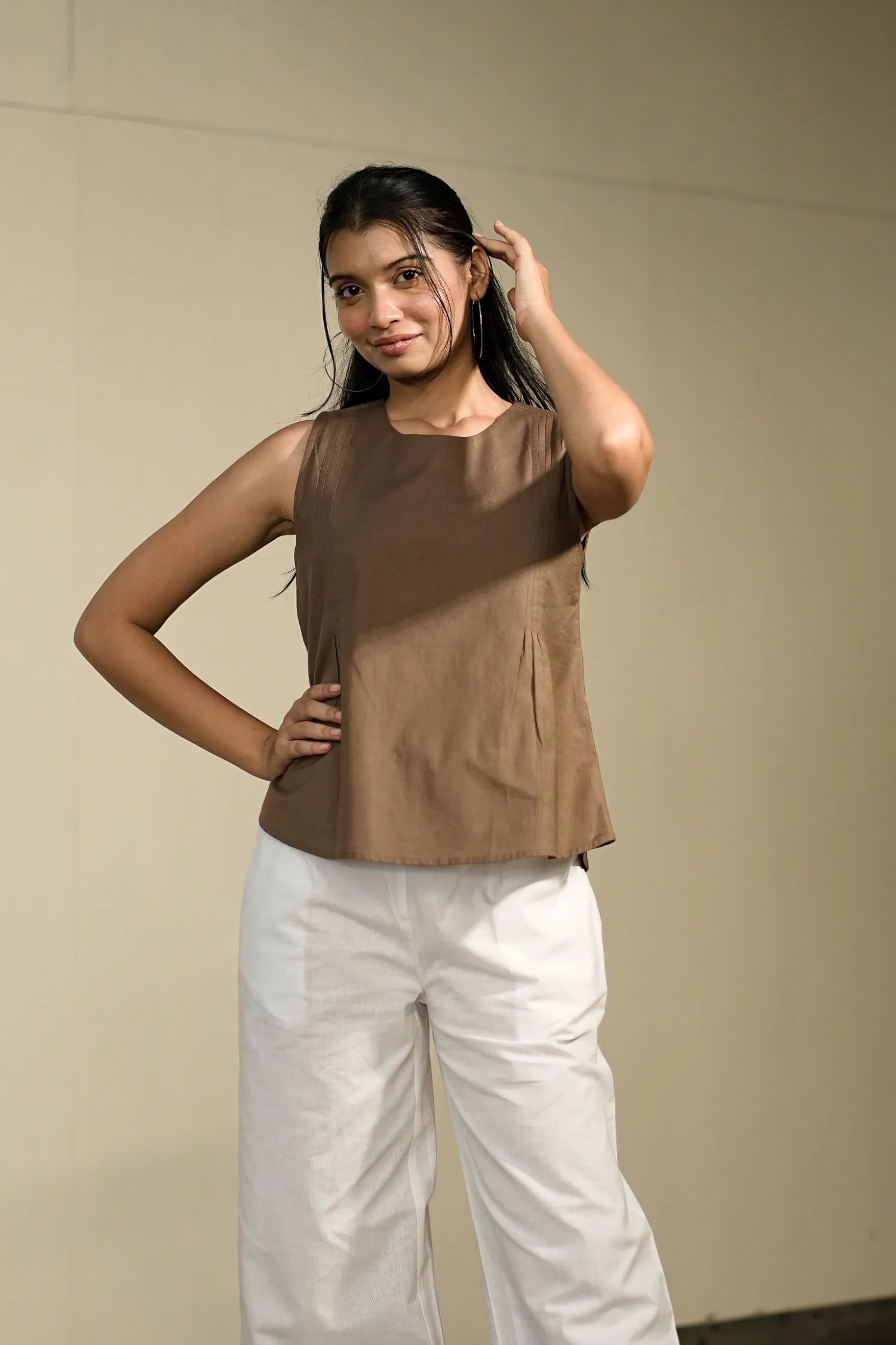 Brown Handloom Cotton Sleeveless Top