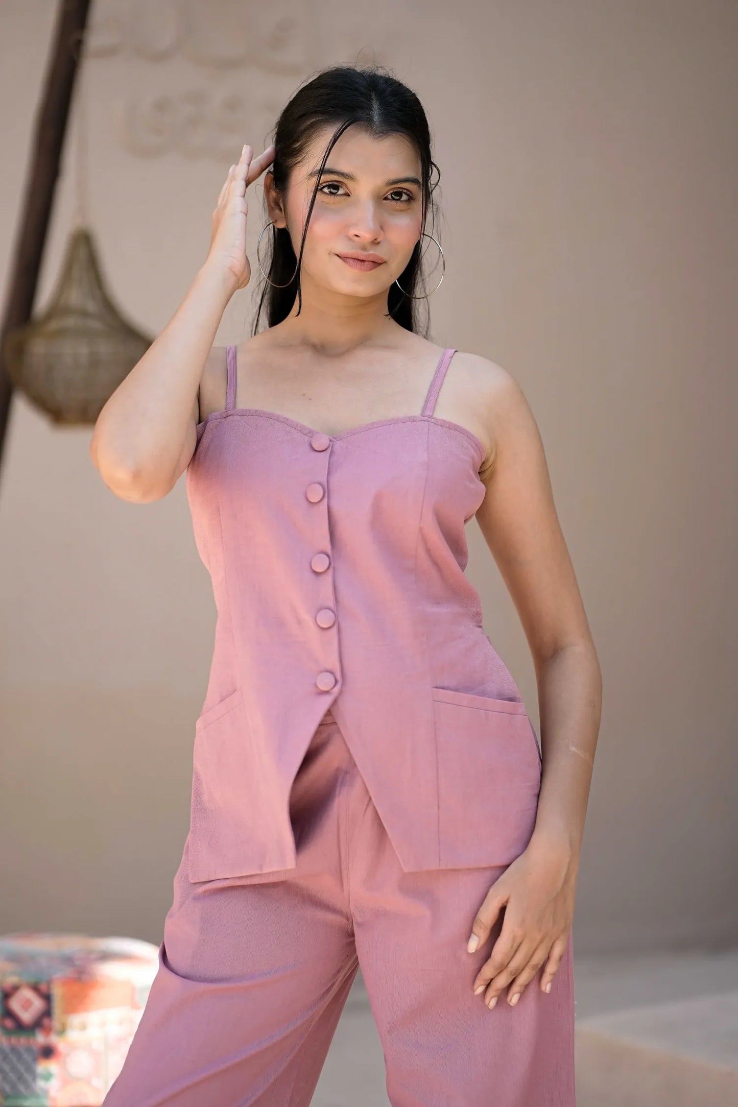 Women’s Pink Handloom Cotton Buttoned Waistcoat Top
