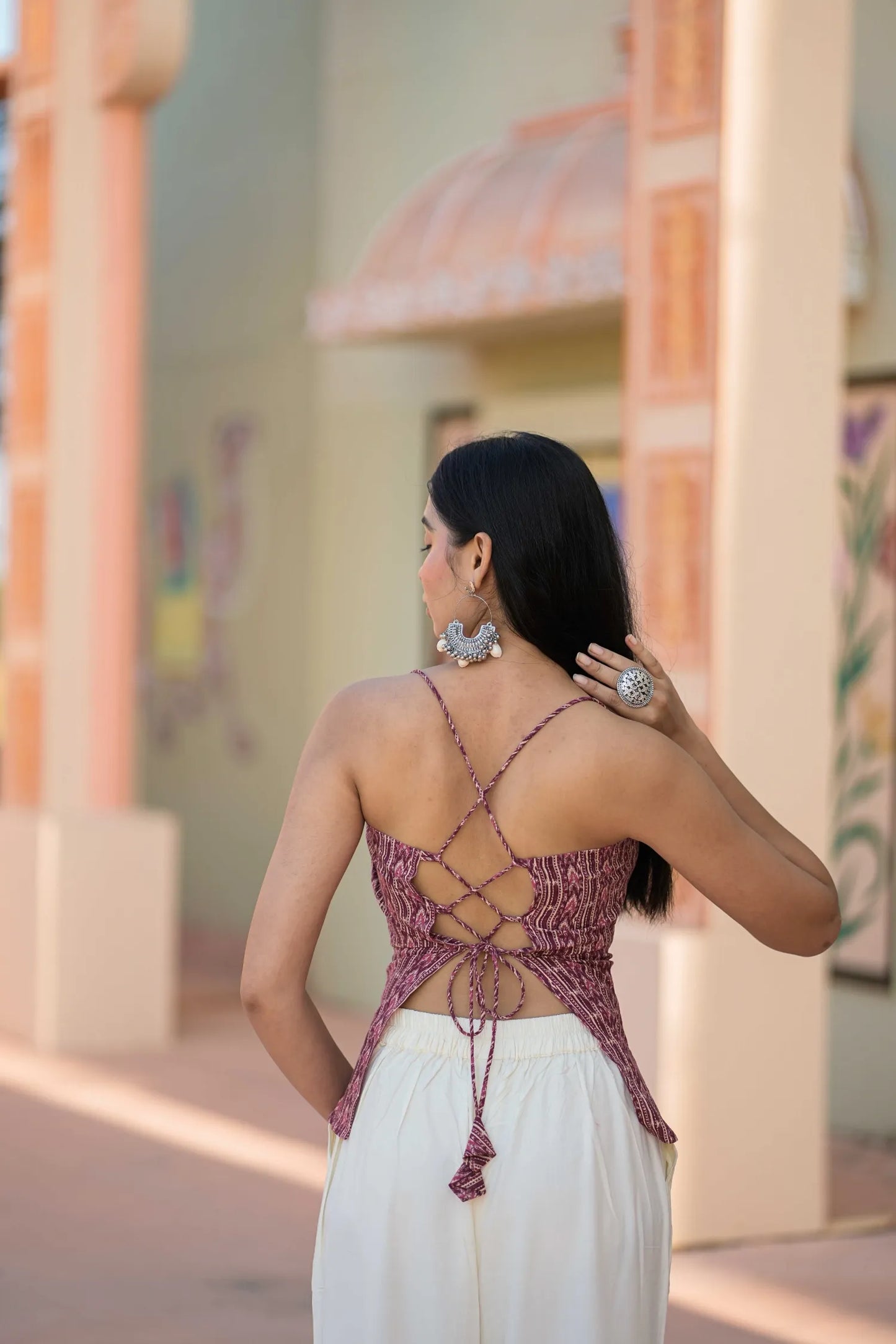 Women’s Pink Ikat Print Ruched Bustier Top with Corset Back