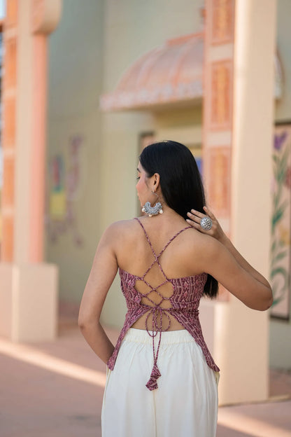 Women’s Pink Ikat Print Ruched Bustier Top with Corset Back