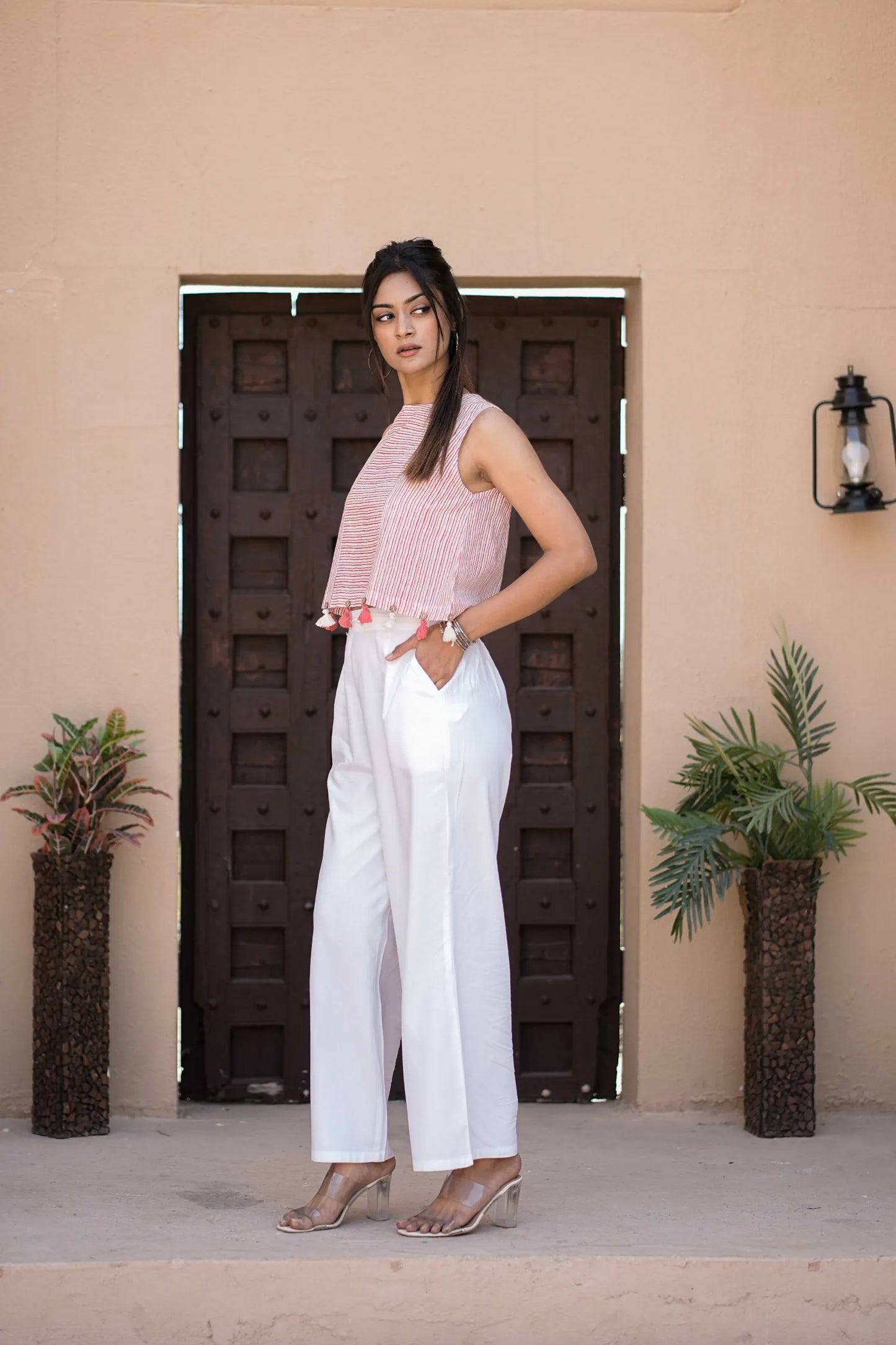 Women’s Pink Striped Sleeveless Tassel Top